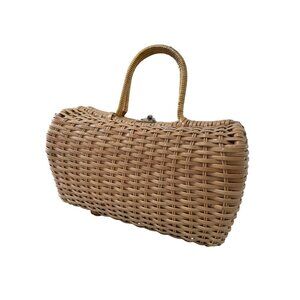 Vintage Simon Handmade Woven Basket Handbag Beige Gold Pink Dual Handles Neutral